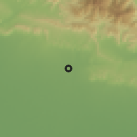 Shaded relief of the 57 km around Lahān, drawn from the GMTED2010 grid