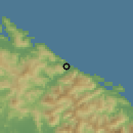 Shaded relief of the 58 km around Thio, drawn from the GMTED2010 grid