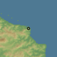 Shaded relief of the 58 km around Touho, drawn from the GMTED2010 grid