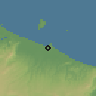 Shaded relief of the 54 km around Maketu, drawn from the GMTED2010 grid