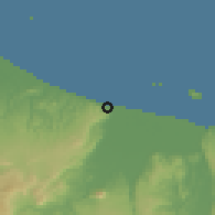 Shaded relief of the 54 km around Matata, drawn from the GMTED2010 grid