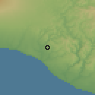 Shaded relief of the 53 km around Meremere, drawn from the GMTED2010 grid
