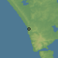 Shaded relief of the 54 km around Muriwai Beach, drawn from the GMTED2010 grid