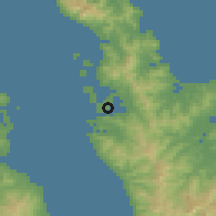 Shaded relief of the 54 km around Orewa, drawn from the GMTED2010 grid