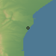 Shaded relief of the 52 km around Pareora, drawn from the GMTED2010 grid
