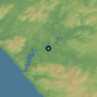 Shaded relief of the 55 km around Rawene, drawn from the GMTED2010 grid