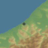 Shaded relief of the 52 km around Ross, drawn from the GMTED2010 grid