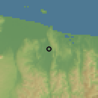 Shaded relief of the 54 km around Taneatua, drawn from the GMTED2010 grid