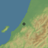 Shaded relief of the 53 km around Te Horo, drawn from the GMTED2010 grid