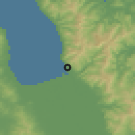 Shaded relief of the 54 km around Thames, drawn from the GMTED2010 grid