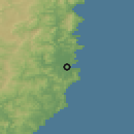 Shaded relief of the 54 km around Tolaga Bay, drawn from the GMTED2010 grid
