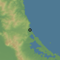 Shaded relief of the 54 km around Waihi Beach, drawn from the GMTED2010 grid