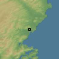 Shaded relief of the 51 km around Waikouaiti, drawn from the GMTED2010 grid