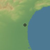 Shaded relief of the 52 km around Waikuku, drawn from the GMTED2010 grid