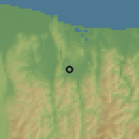 Shaded relief of the 54 km around Waimana, drawn from the GMTED2010 grid