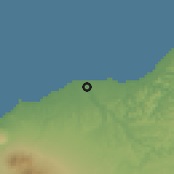 Shaded relief of the 54 km around Waitara, drawn from the GMTED2010 grid