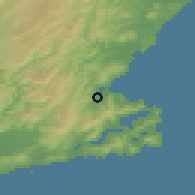Shaded relief of the 51 km around Waitati, drawn from the GMTED2010 grid