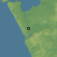 Shaded relief of the 54 km around Waiuku, drawn from the GMTED2010 grid