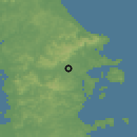 Shaded relief of the 54 km around Warkworth, drawn from the GMTED2010 grid