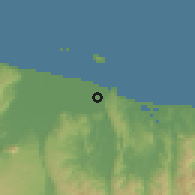 Shaded relief of the 54 km around Whakatane, drawn from the GMTED2010 grid