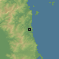 Shaded relief of the 54 km around Whangamata, drawn from the GMTED2010 grid