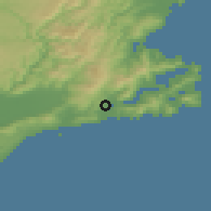 Shaded relief of the 51 km around Dunedin, drawn from the GMTED2010 grid