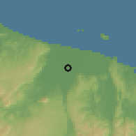 Shaded relief of the 54 km around Edgecumbe, drawn from the GMTED2010 grid