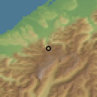 Shaded relief of the 52 km around Franz Josef, drawn from the GMTED2010 grid