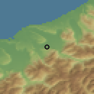 Shaded relief of the 52 km around Harihari, drawn from the GMTED2010 grid