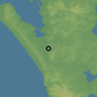 Shaded relief of the 54 km around Helensville, drawn from the GMTED2010 grid