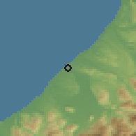 Shaded relief of the 52 km around Hokitika, drawn from the GMTED2010 grid