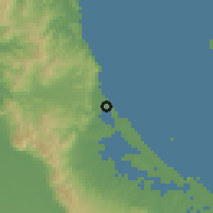 Shaded relief of the 54 km around Athenree, drawn from the GMTED2010 grid