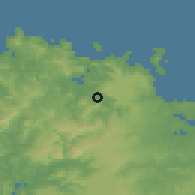Shaded relief of the 55 km around Kaeo, drawn from the GMTED2010 grid
