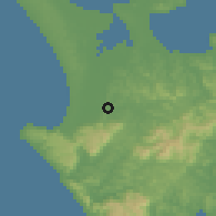 Shaded relief of the 55 km around Kaitaia, drawn from the GMTED2010 grid