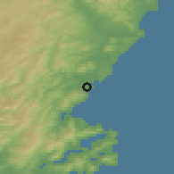 Shaded relief of the 51 km around Karitane, drawn from the GMTED2010 grid