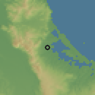 Shaded relief of the 54 km around Katikati, drawn from the GMTED2010 grid