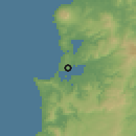 Shaded relief of the 54 km around Kawhia, drawn from the GMTED2010 grid