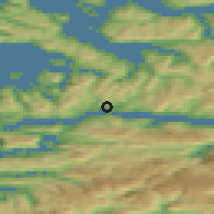Shaded relief of the 44 km around Bryggja, drawn from the GMTED2010 grid
