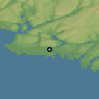 Shaded relief of the 46 km around Farsund, drawn from the GMTED2010 grid