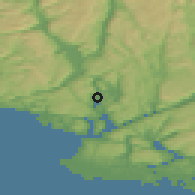 Shaded relief of the 46 km around Flekkefjord, drawn from the GMTED2010 grid