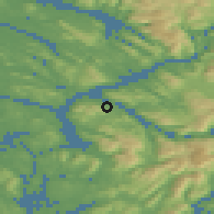 Shaded relief of the 45 km around Hylkje, drawn from the GMTED2010 grid