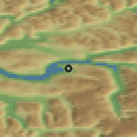 Shaded relief of the 44 km around Innvik, drawn from the GMTED2010 grid