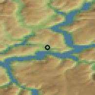 Shaded relief of the 45 km around Kaupanger, drawn from the GMTED2010 grid