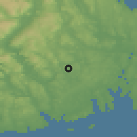 Shaded relief of the 46 km around Kodal, drawn from the GMTED2010 grid