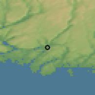 Shaded relief of the 46 km around Lyngdal, drawn from the GMTED2010 grid