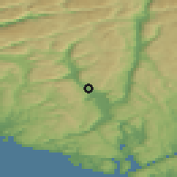 Shaded relief of the 46 km around Moi, drawn from the GMTED2010 grid