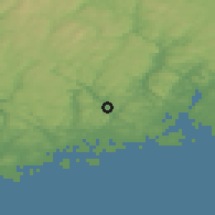 Shaded relief of the 46 km around Nodeland, drawn from the GMTED2010 grid