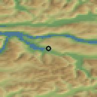 Shaded relief of the 44 km around Sandane, drawn from the GMTED2010 grid