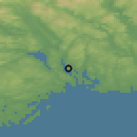 Shaded relief of the 46 km around Sandøya, drawn from the GMTED2010 grid