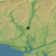 Shaded relief of the 46 km around Sira, drawn from the GMTED2010 grid